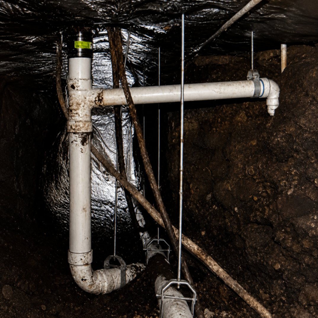Under-slab sewer line replacement in a tunnel.