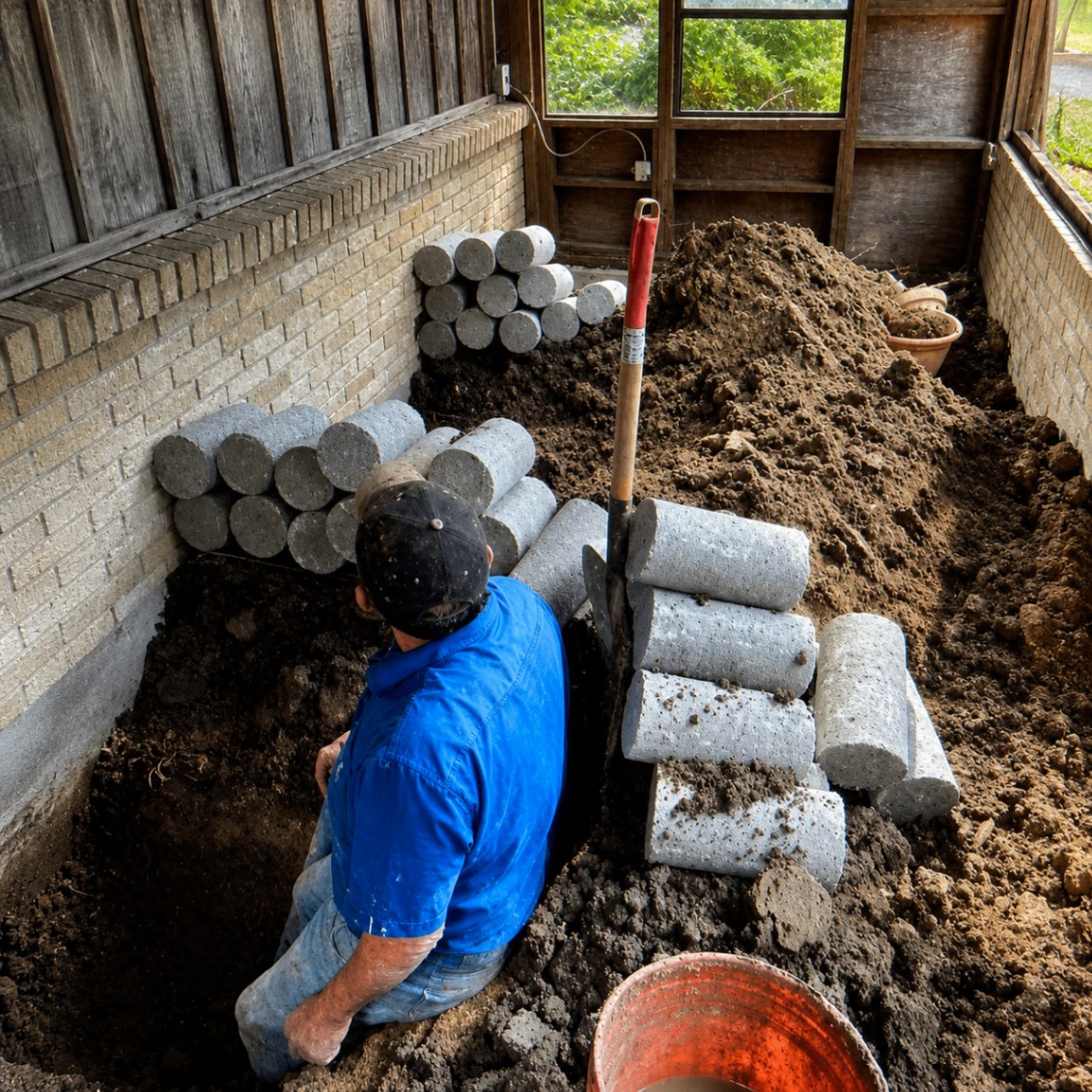 Interior pier install to stabilize a settling slab.